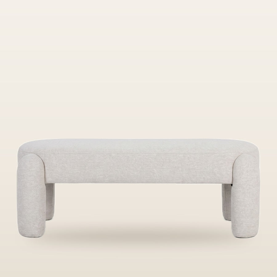 Amayori Upholstered Dining Bench in Coastal Beige fabric – angled  close leg side shot showcasing smooth upholstery and leg detail
