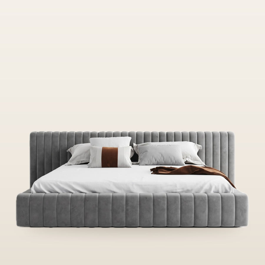 Strea Upholstered Bed in a contemporary UAE bedroom with soft lighting and cozy neutral tones