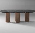 Marina marble capsule dining table with four cylindrical walnut base legs