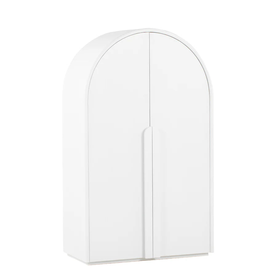 Side view of White Yuno Curve Cabinet with rounded silhouette and raised wooden base