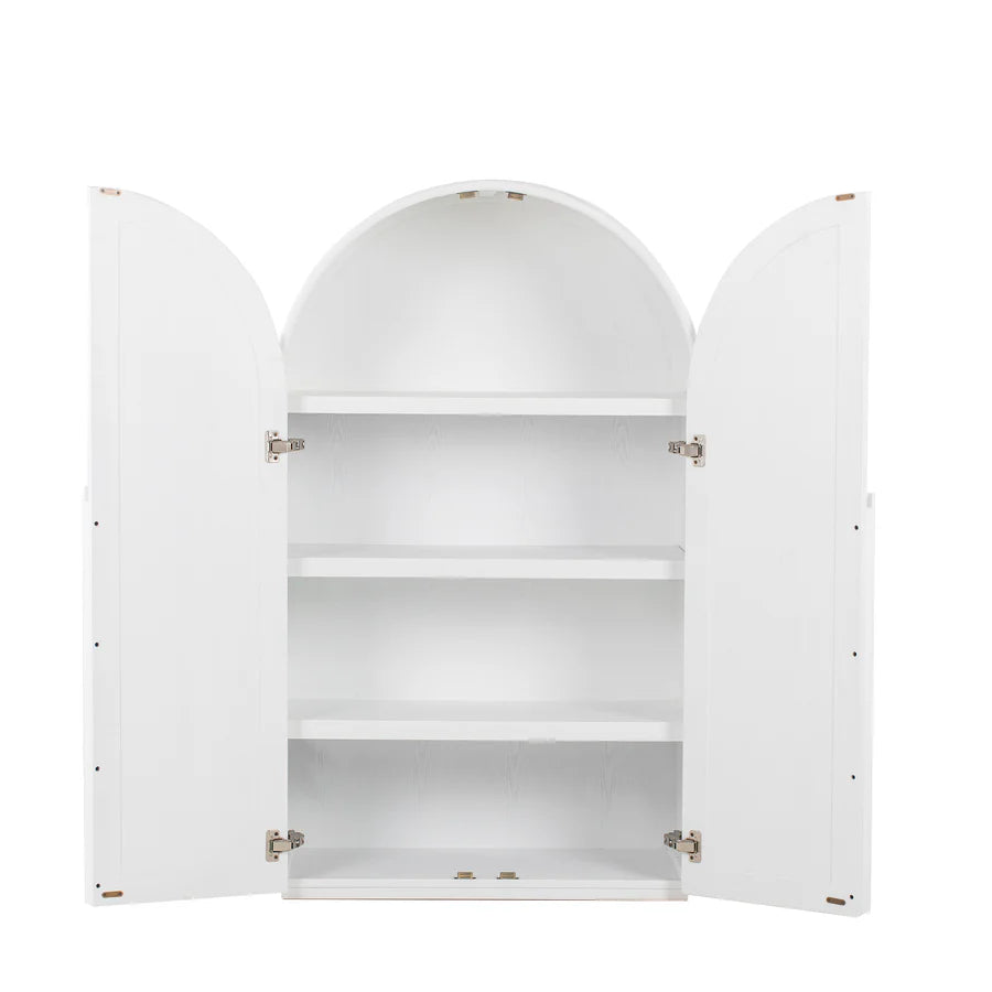 Top-down view of White Yuno Curve Cabinet revealing spacious inner shelving display surface and smooth finish