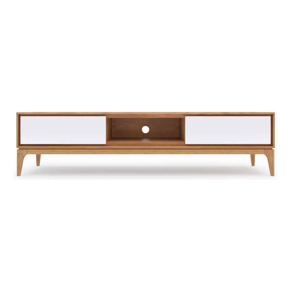 Straight-on image of Aurion TV Stand emphasizing bold white drawer design with wooden base
