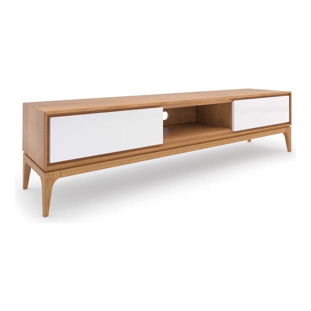Side view of Aurion TV Stand with natural-finished legs and low-profile rectangular body