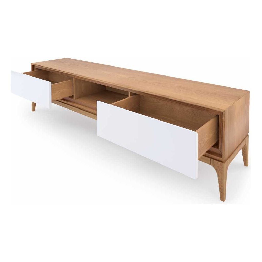 Top-down image of Aurion TV Stand revealing open display shelf and enclosed storage areas