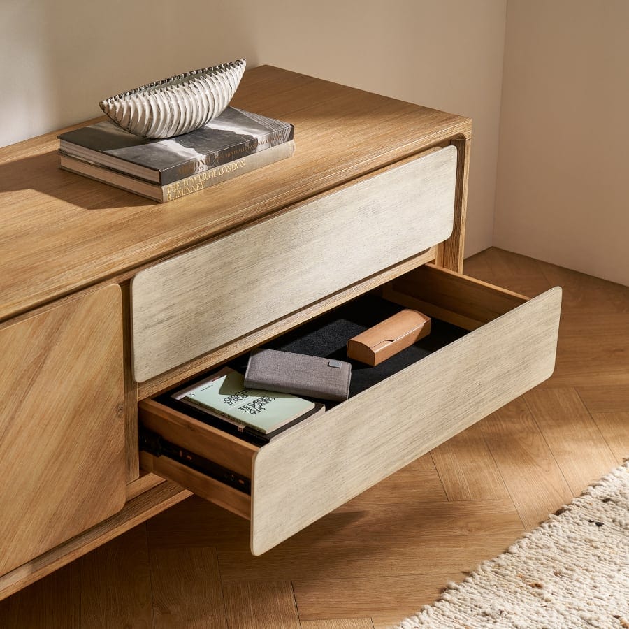 Side angle of Casa TV Unit showing dual drawers on the right with drawer opened
