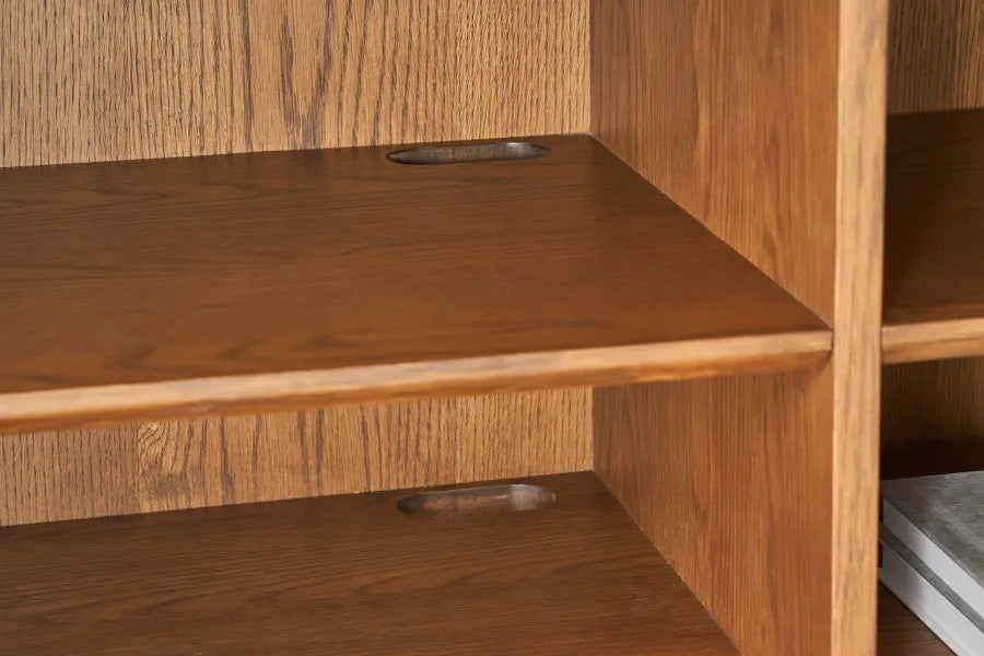 Harper TV unit inside shleves wire management holes in the shelves