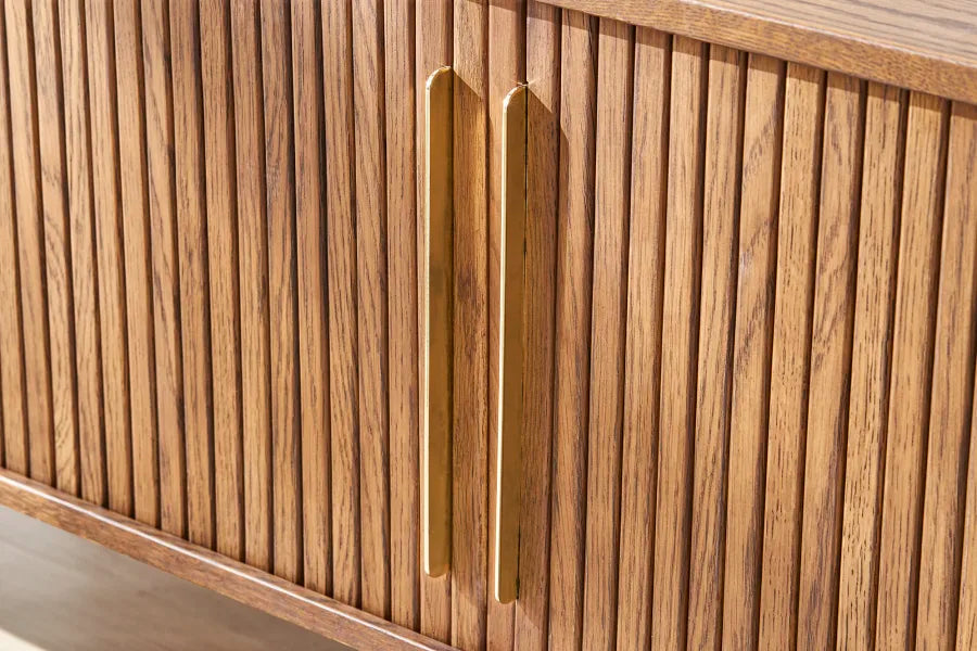 Harper TV unit with oak sliding doors close up to the wooden groves and handles