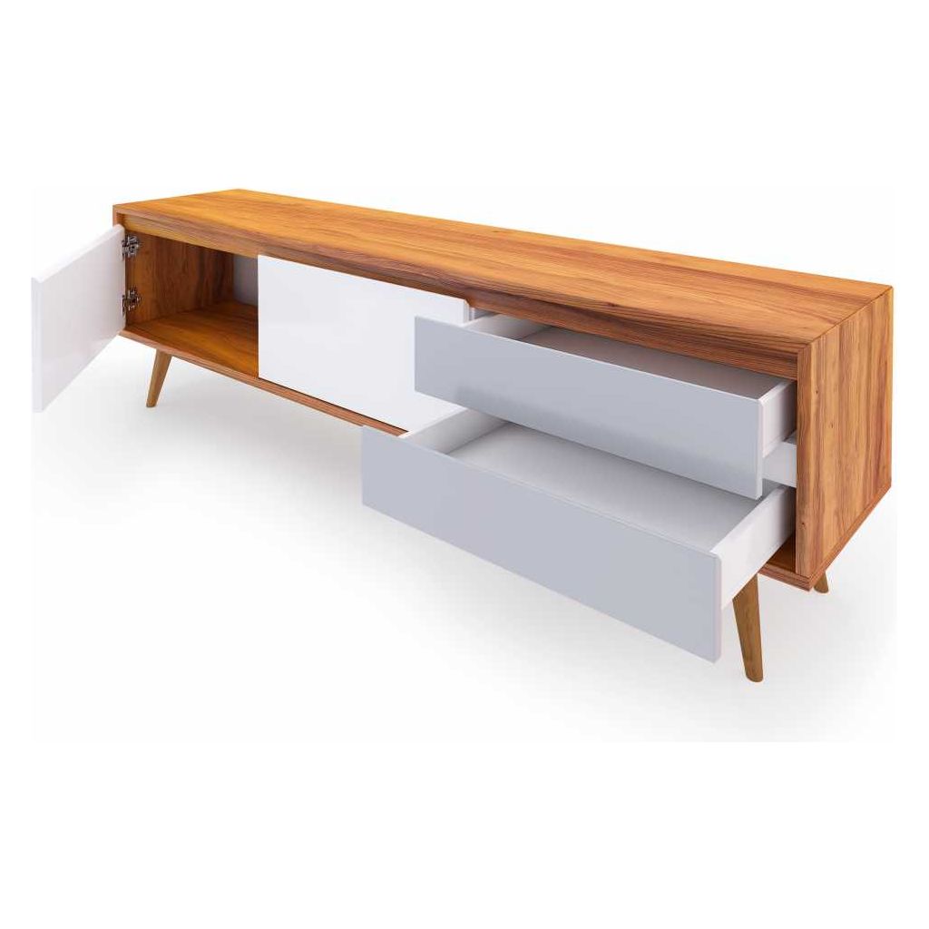 Detailed close-up of Haven TV Stand’s wood veneer texture and smooth, minimal drawers.
