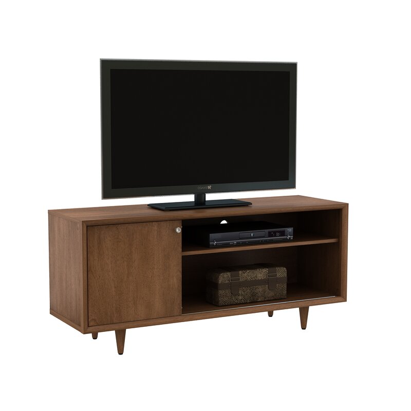 Raven TV Stand styled with mounted TV, books